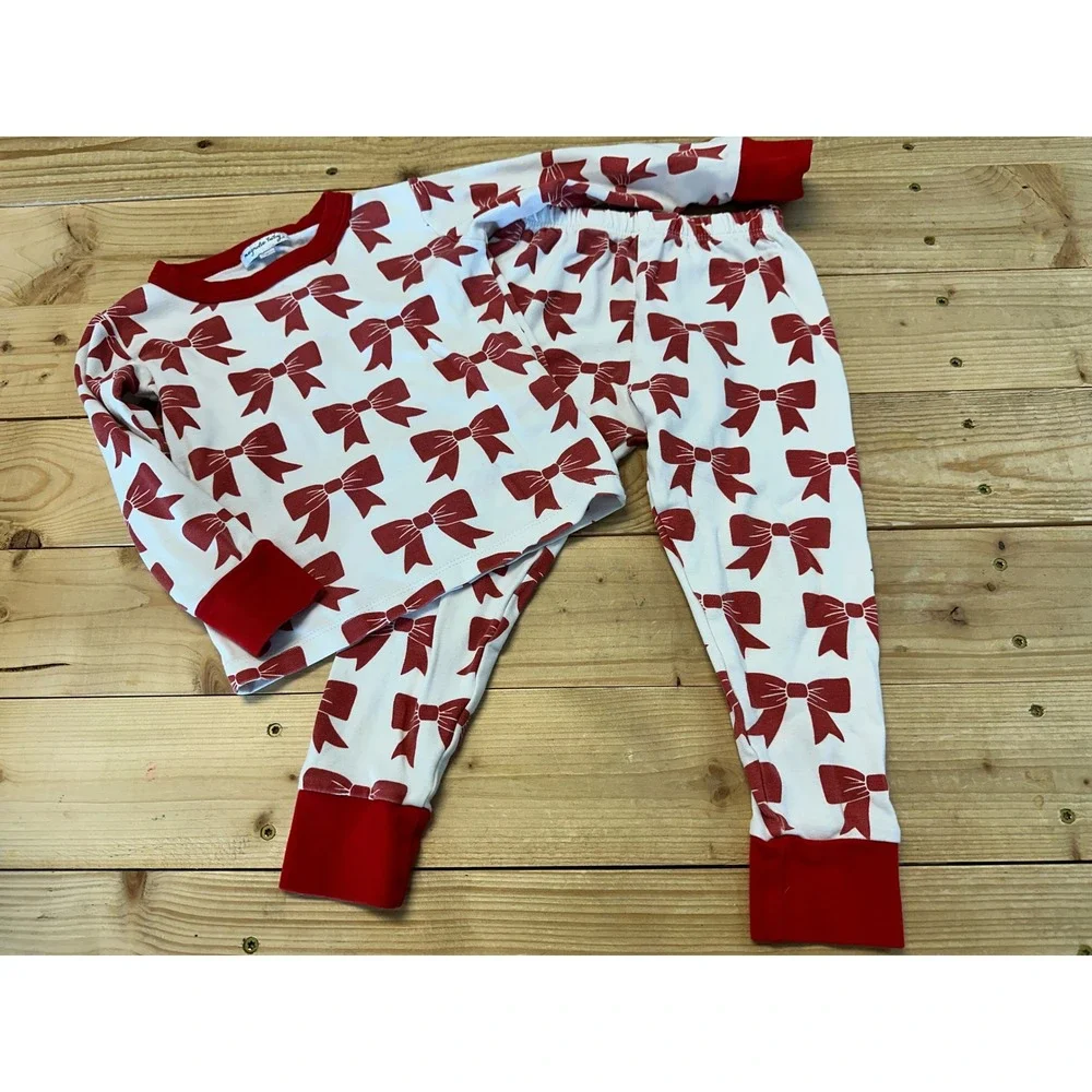 Magnolia Baby‎ Kids Pajamas Set Size 2 Red Bows Holiday Christmas Outfit